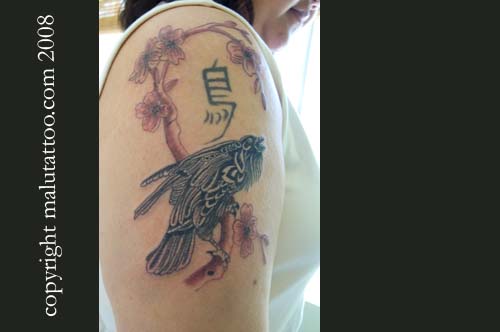 Color Tattoo Raven on Cherry Branch
