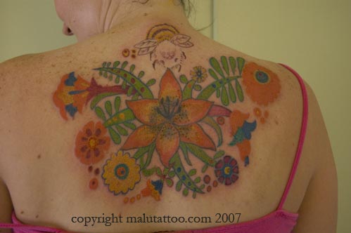 Color Tattoo Flowers and Bee